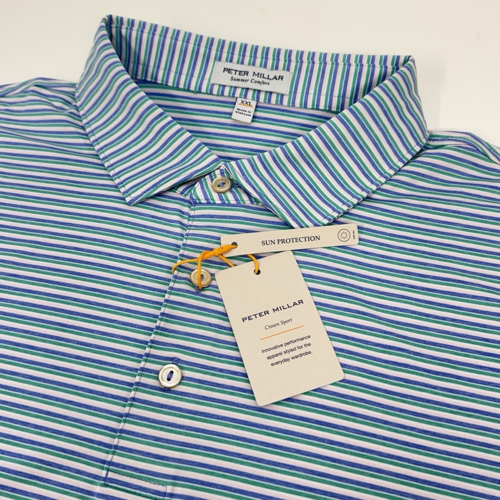 NWT PETER MILLAR LENWAY Striped Performance Golf Polo Shirt Blue Green XXL $108